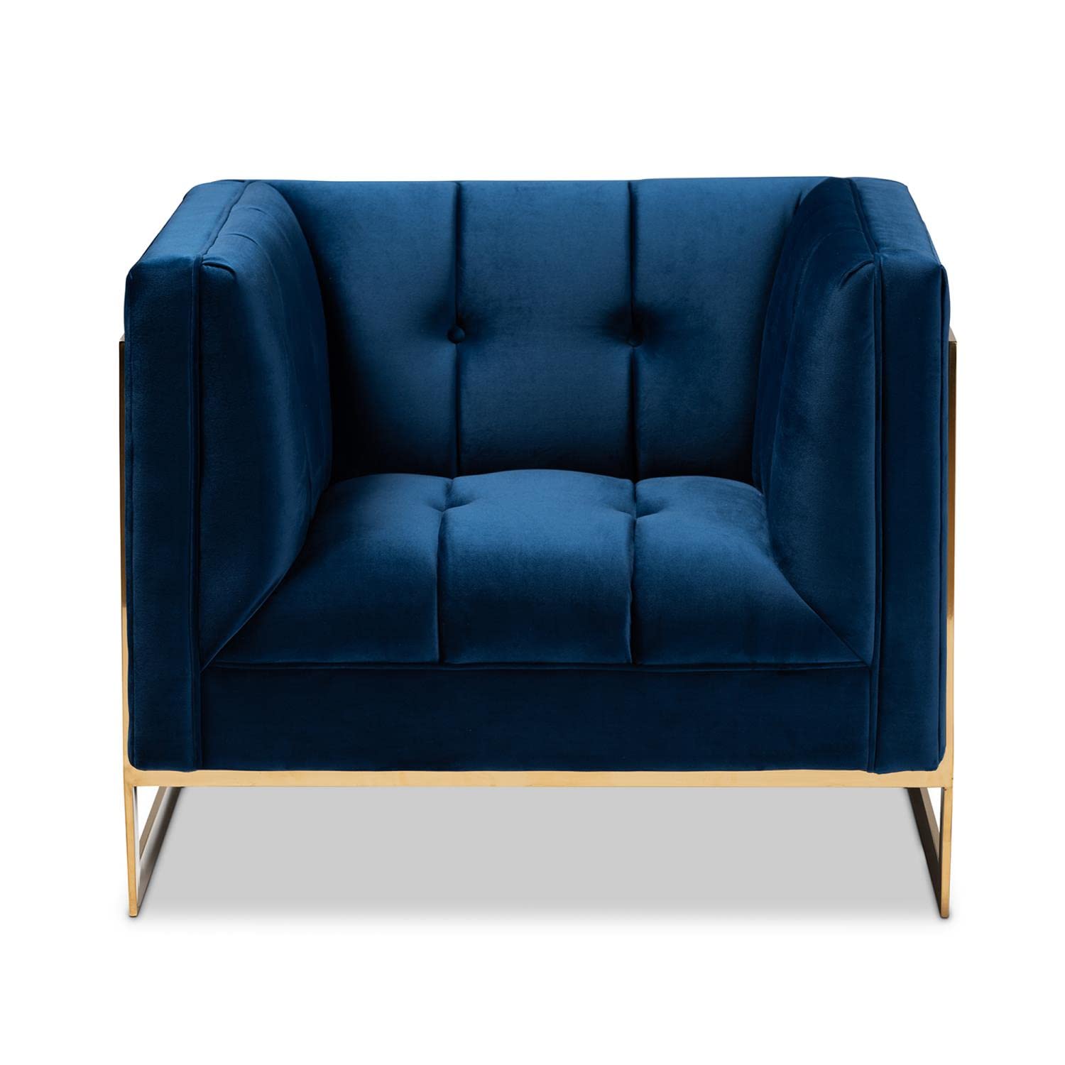 Baxton Studio Ambra Glam and Luxe Navy Blue Velvet Fabric Upholstered and Button Tufted Armchair with Gold-Tone Frame